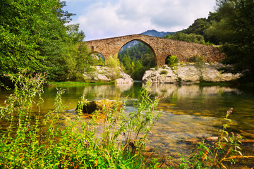 Fototapeta na wymiar Medieval stone bridge over Llobregat river in Pyrenees