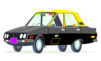 Caricatura Dacia 1310 Renault 12 taxi Colombia negro y amarilo vista frontal y lateral