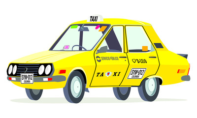 Caricatura Dacia 1310 Renault 12 taxi Colombia amarilo vista frontal y lateral