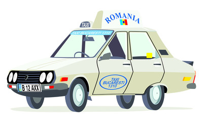 Naklejka premium Caricatura Dacia 1310 taxi Rumania blanco vista frontal y lateral
