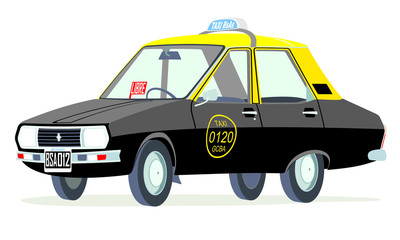 Caricatura Renault 12 taxi Buenos Aires negro y amarillo vista frontal y lateral