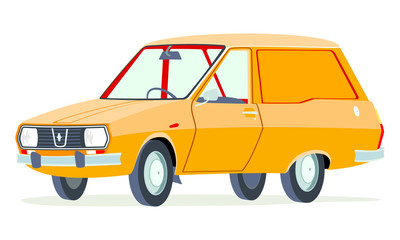 Caricatura Renault 12 break panel naranja vista frontal y lateral
