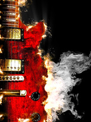 electric guitar burning in fire