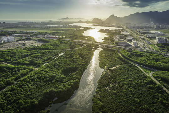 Rio de Janeiro, Barra da Tijuca aerial view with light leak