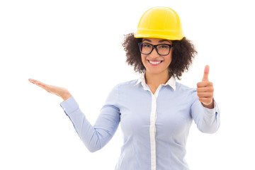 beautiful african american business woman in builder helmet pres