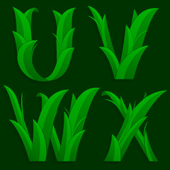 Decorative Grass Initial Letters U, V, W, X.
Vector illustration of alphabet letters in caps, the U, V, W, X in the grass design over a dark green background.