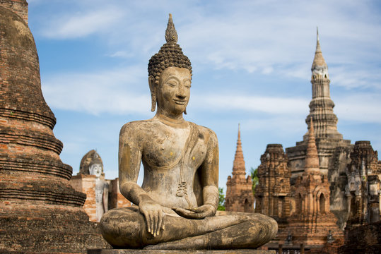 Ancient Buddha Statue at Sukhothai historical park, Mahathat Temple ,Thailand.
