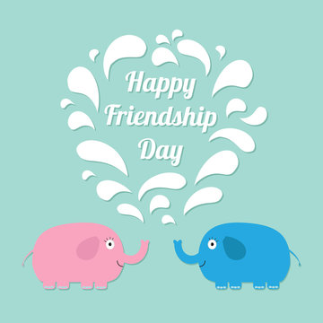 Happy Friendship Day Pink and blue elephants with heart fountain Flat design