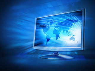 Computer monitor with blue earth background on the screen