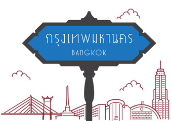 Thai country signboard way finding roadside with cityscape in background vector