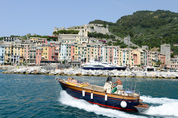 View of town Portovenere from sea, Italy