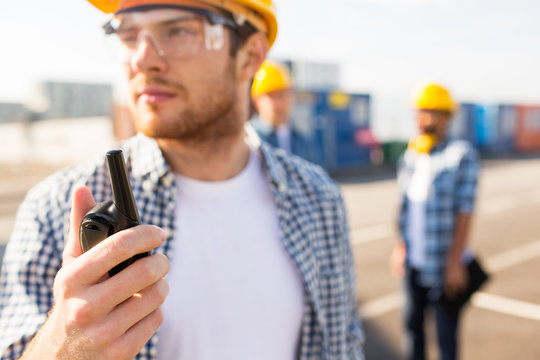 Close Up Of Builder In Hardhat With Walkie Talkie