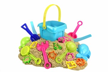 Large Groap Of Beach Toys On The Sand Isolated