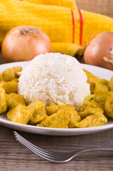 Chicken curry with rice Caribbean. 