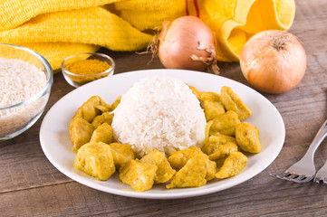 Chicken curry with rice Caribbean. 