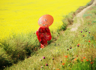 Asian style portrait of a woman walking in the fields, view from back