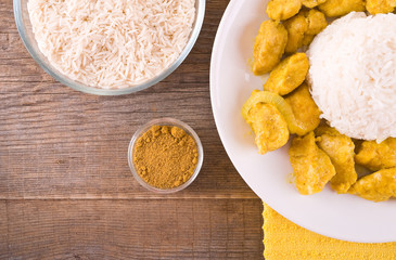 Chicken curry with rice Caribbean. 