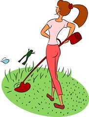 Girl mows the lawn