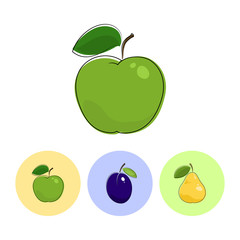 Fruit Apple  on White Background , Set of Three Round Colorful Icons  Apple, Plum and Pear, Vector Illustration