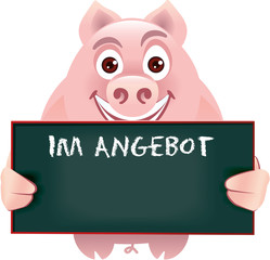 Niedliches  Schweinchen hält Tafel mit Schrift im Angebot