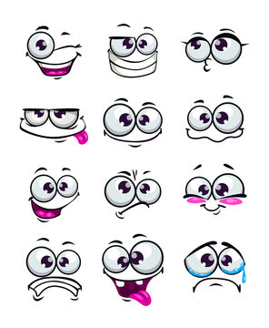 Set of funny cartoon faces, different emotions, isolated on white