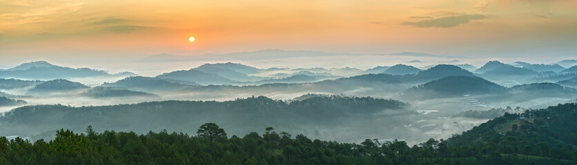 Sunrise over the panoramic mountains of Dalat 
with his sun rise on the hill waxing pine soon covered with clouds and fog do to honor the beauty highland Da Lat