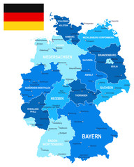 Germany map and flag - highly detailed vector illustration. Image contains land contours, country and land names, city names, water object names, flag.