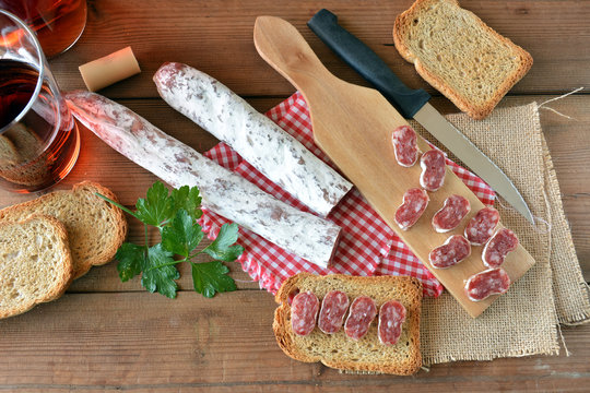 Spanish fuet salami on a cutting board