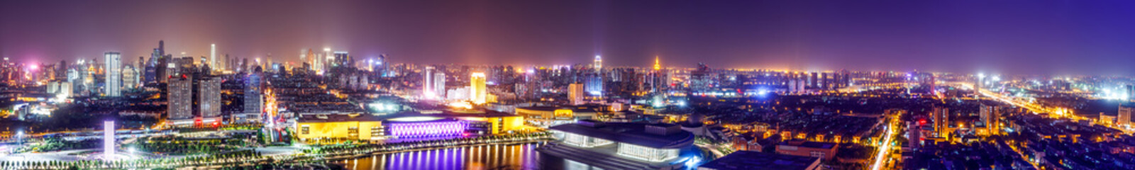 Panoramic illuminated skyline and cityscape