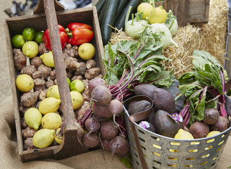 Wide shot of fruit and vegetables in a basket