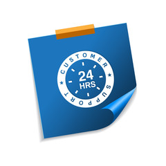 24 Hours Customer Support Blue Sticky Notes Vector Icon