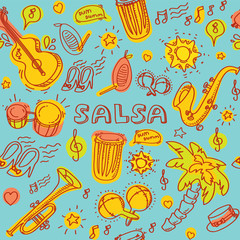 Salsa music icons, instruments, blue back