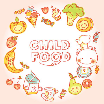 Child food, set of colorful roundelay fruits, vegetables, sweets, cookies with smile