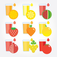 Set of nine fresh fruit and vegetable juices
