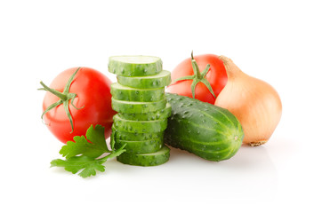 Fresh Tomatoes, Cucumbers, Onion and Parsley isolated on white background