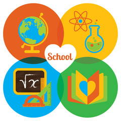 Set of colorful vector icons. Happy school: globe, flask, atom, chalkboard, notebook