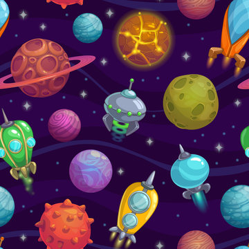 Seamless pattern with planets and space ships
