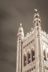 Victoria Tower; gothic architecture detail from the tallest tower of The Houses of Parliament, Westminster, London.