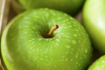 green apple with water drop close up