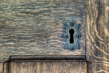 Keyhole with metal plate in a wooden door