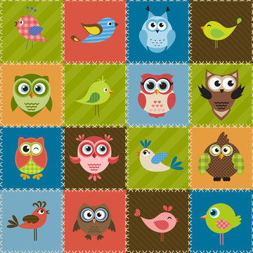 Patchwork background with birds and owls