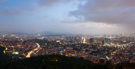 Panoramic night view of Seoul city from the Namsan Mountain