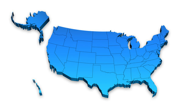 3D Blue USA Administrative map with alaska and hawaii