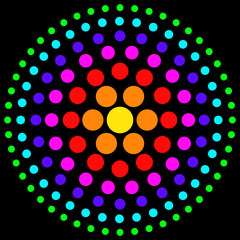 Circles of multicolored dots on a black background.