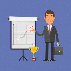 Businessman points on flip-chart with graph