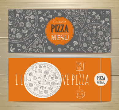Set of banners with pizza. Sketch illustration