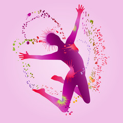 Silhouette jumping joyful woman.