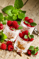 Homemade granola with yogurt, raspberry and mint  in glass bowls