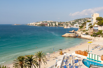 Naklejka premium Panorama of the bay with a beach and hotels in Mallorca