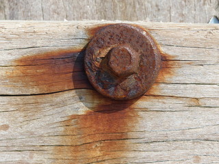 Rostige Schraube und Mutter auf Holz